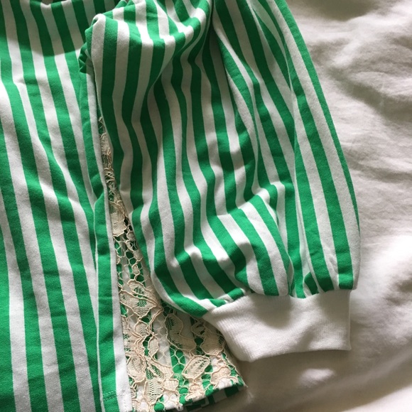 Zara Green White Long Sleeve Striped Top Lace Trim - Picture 4 of 7